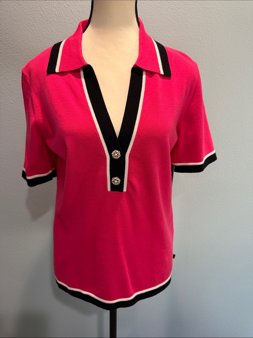 Karl Lagerfeld Hot Pink Short-Sleeve Polo Top with Black & White Trim